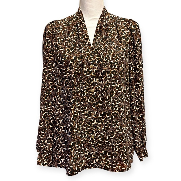🎁 Nine West Floral Black Gold Long-sleeve Button Down Top Blouse Size M NWT - Picture 2 of 9